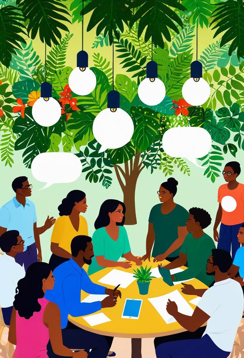 A vibrant illustration capturing a diverse group of people collaboratively brainstorming and sharing ideas in a bright, open space filled with plants and artwork, symbolizing community strength and engagement. Include elements like speech bubbles, light bulbs, and connected hands to represent communication and collaboration. The background should be lively and colorful to evoke a sense of energy and positivity. super-realistic. vibrant colors. 3D.