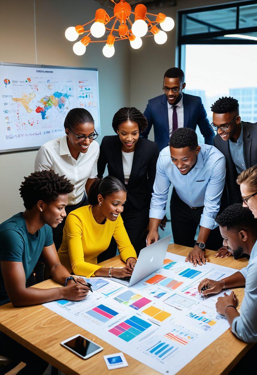 A diverse group of individuals collaborating around a large table filled with colorful project plans and digital devices, showcasing unity and teamwork. In the background, a visual representation of interconnected gears and light bulbs symbolizing innovative ideas and empowerment. Bright and uplifting colors to evoke a sense of hope and collaboration. super-realistic. vibrant colors. 3D.